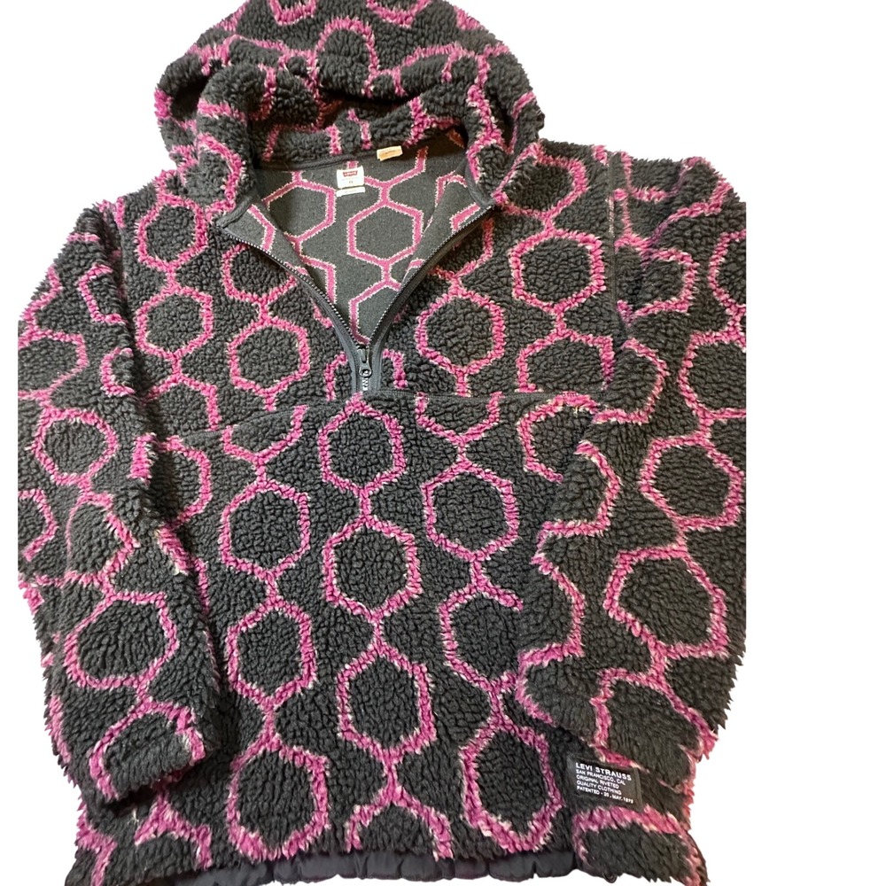 Levis Sherpa Fleece Hoodie Womens XS Relaxed Pink Black Hexagon Quarter Zip